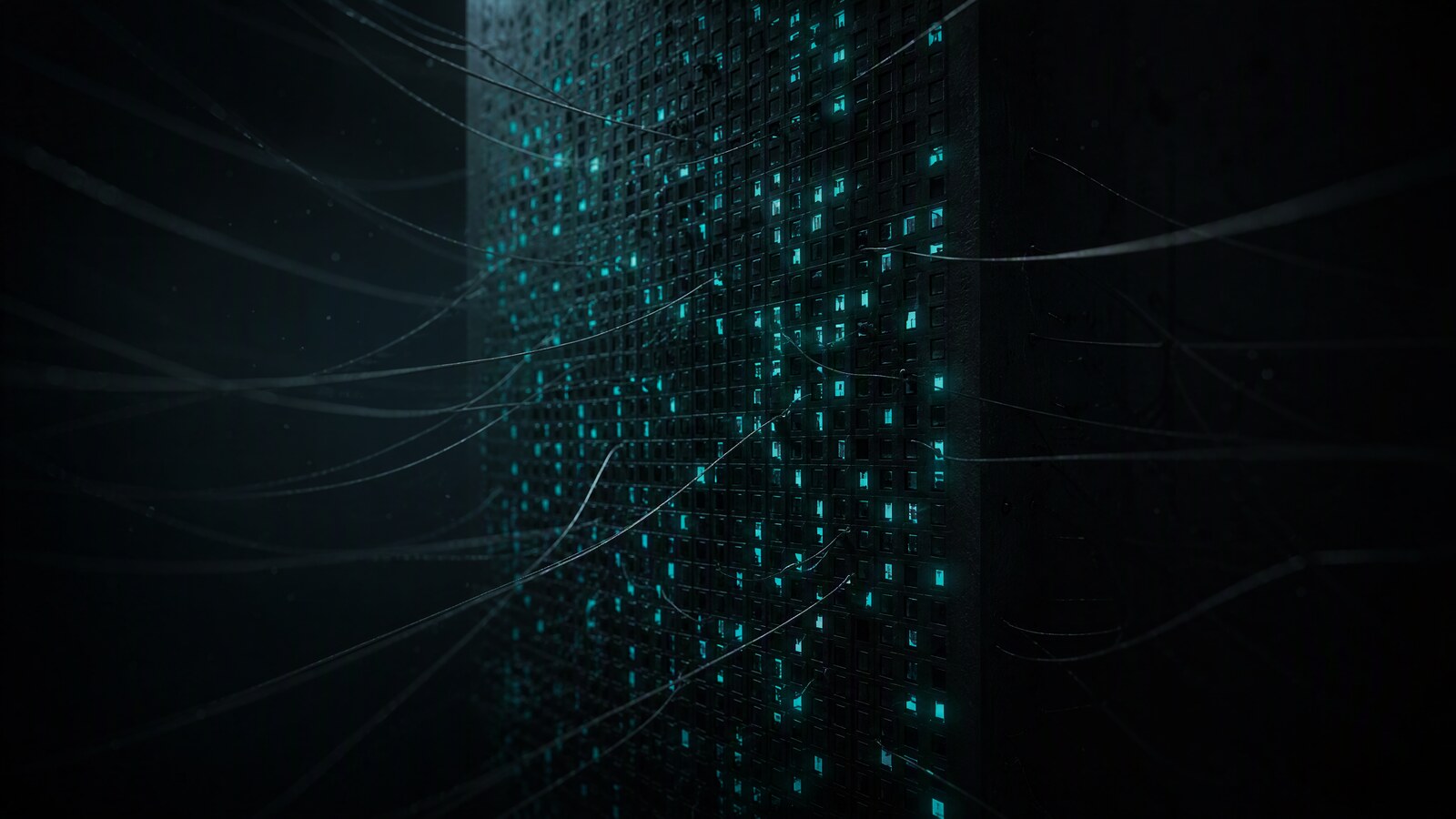 A vast dark wall of storage slots, a few hundred of them lit with small cyan markers, with faint filaments arriving at individual slots from many directions out of the surrounding darkness