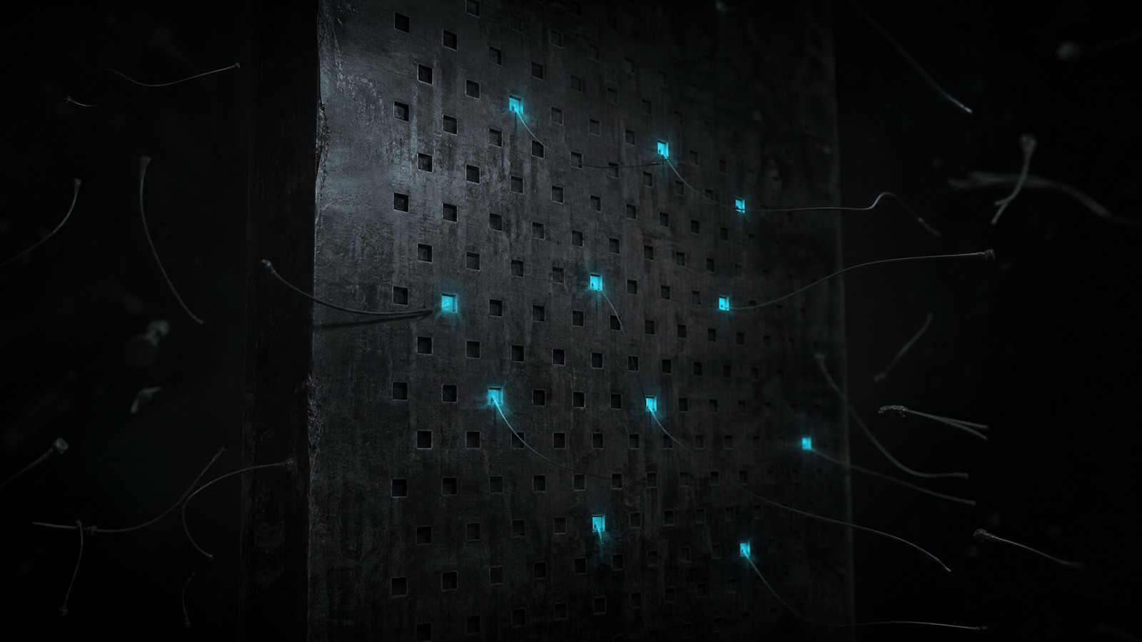 The same wall of storage slots, now wiped almost entirely dark, with roughly a dozen new cyan markers lit in fresh positions and severed filaments hanging unconnected in the surrounding darkness